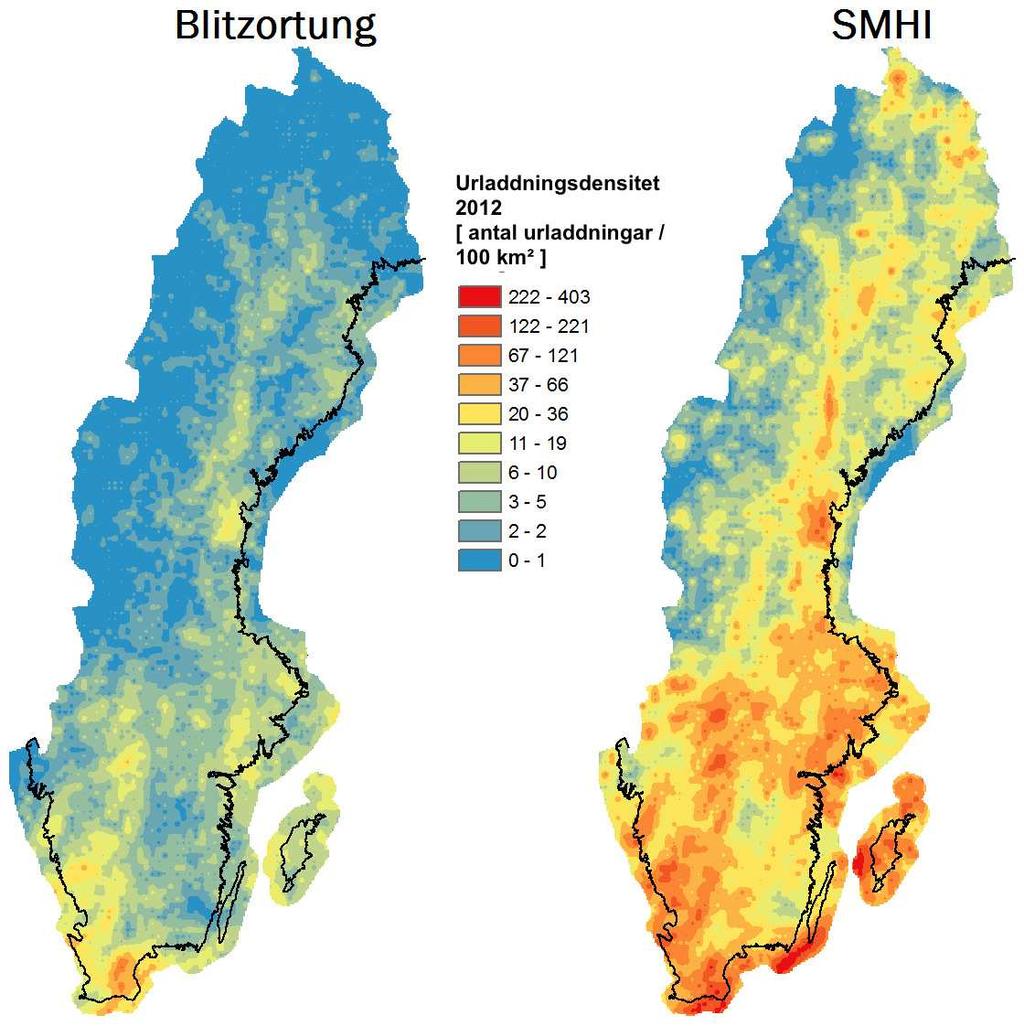 Under 2012 vilket är det första året som studerades visar SMHI stora områden med flera gånger högre uppskattad urladdningsdensitet än Blitzortung i princip hela landet och i synnerhet längs kusterna.