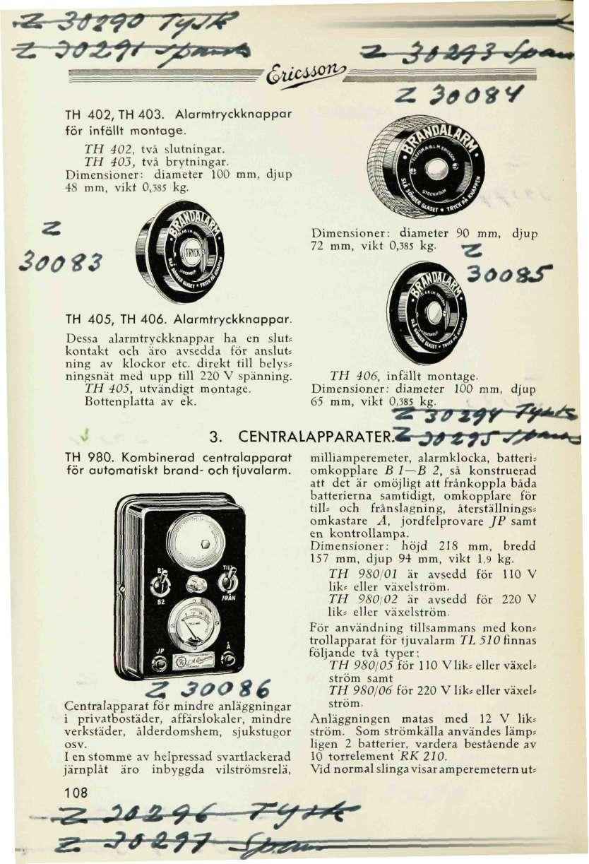TH402, TH403. Alarmtryckknappar för infällt montage. TH 402, tvä slutningar. TH 403, två brytningar. Dimensioner: diameter 100, djup 48, vikt 0,385.