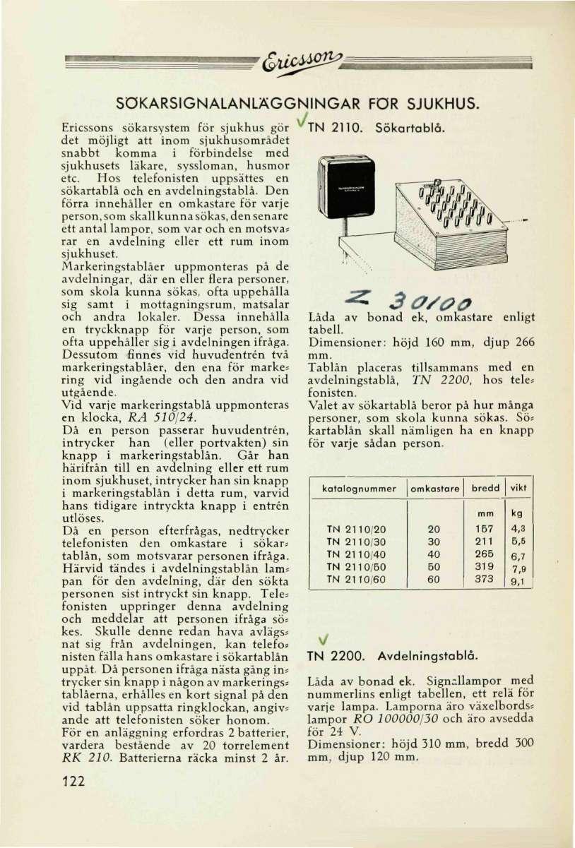 '&U^0*Ä SÖKARSIGNALANLÄGGNINGAR FÖR SJUKHUS. Ericssons sökarsystem för sjukhus gör v' TN 2110. Sökartablå.