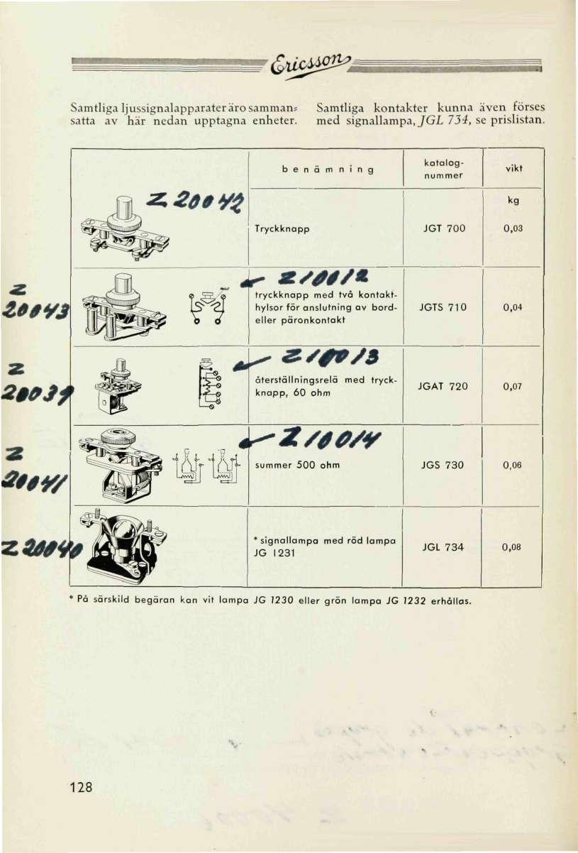 &dc 9^;. Samtliga ljussignalapparater aro saan= satta av här nedan upptagna enheter. Samtliga kontakter kunna även förses med signallampa, JGL 734, se prislistan.