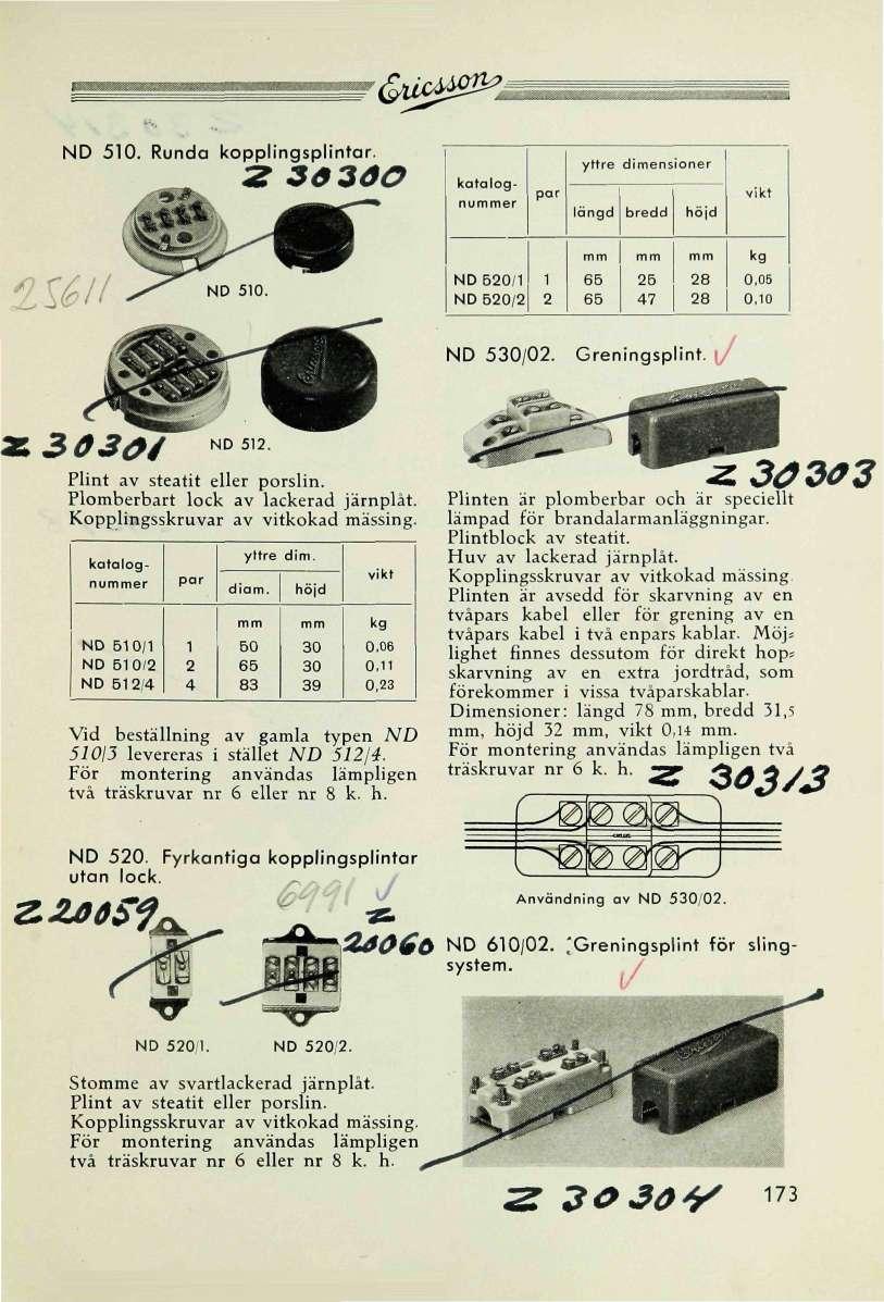 'QlL^^Ä ND 510. Runda kopplingsplintar. 2" 36 3ÖO katalog, nuer par yttre dimensioner längd bredd höjd vikt 2.S6H ND 520/1 ND 520/2 1 2 65 65 25 47 28 28 0,05 0,10 ND 530/02. Grenings plint.