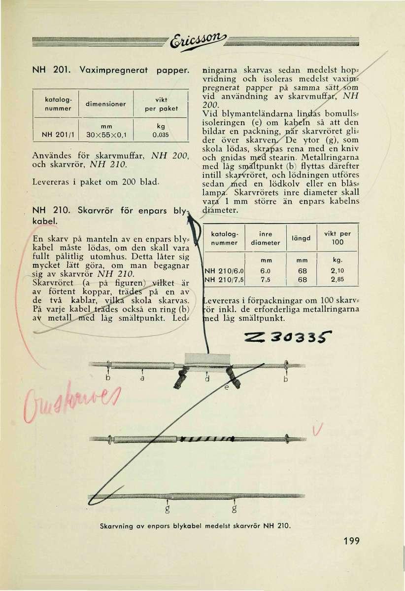 *&us W2*å ' NH 201. Vaximpregnerat papper. NH 201/1 dimensioner 30X55X0,1 vikt per paket 0,035 Användes för skarvmuffar, NH 200, och skarvrör, NH 210. Levereras i paket om 200 blad. NH 210. kabel.