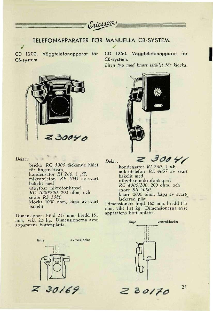 f^äj^s^å TELEFONAPPARATER FÖR MANUELLA CB-SYSTEM. / ' CD 1200. Väggtelefonapparat för CD 1250. Väggtelefonapparat för CB-system. CB-system. Liten typ med knarr istället för klocka.