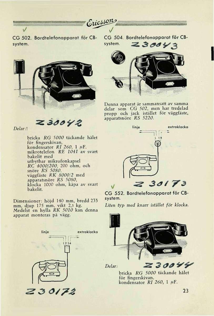 v/ CG 502. Bordtelefonapparat för CBsystem. '&ii 0*å CG 504. Bordtelefonapparat för CBsystem. ^ 3 #4 ^3 Delar:} äéayz Denna apparat är saansatt av saa delar som CG 502, men har tredelad propp och jack istället för väggfäste, apparatsnöre K5 5220.
