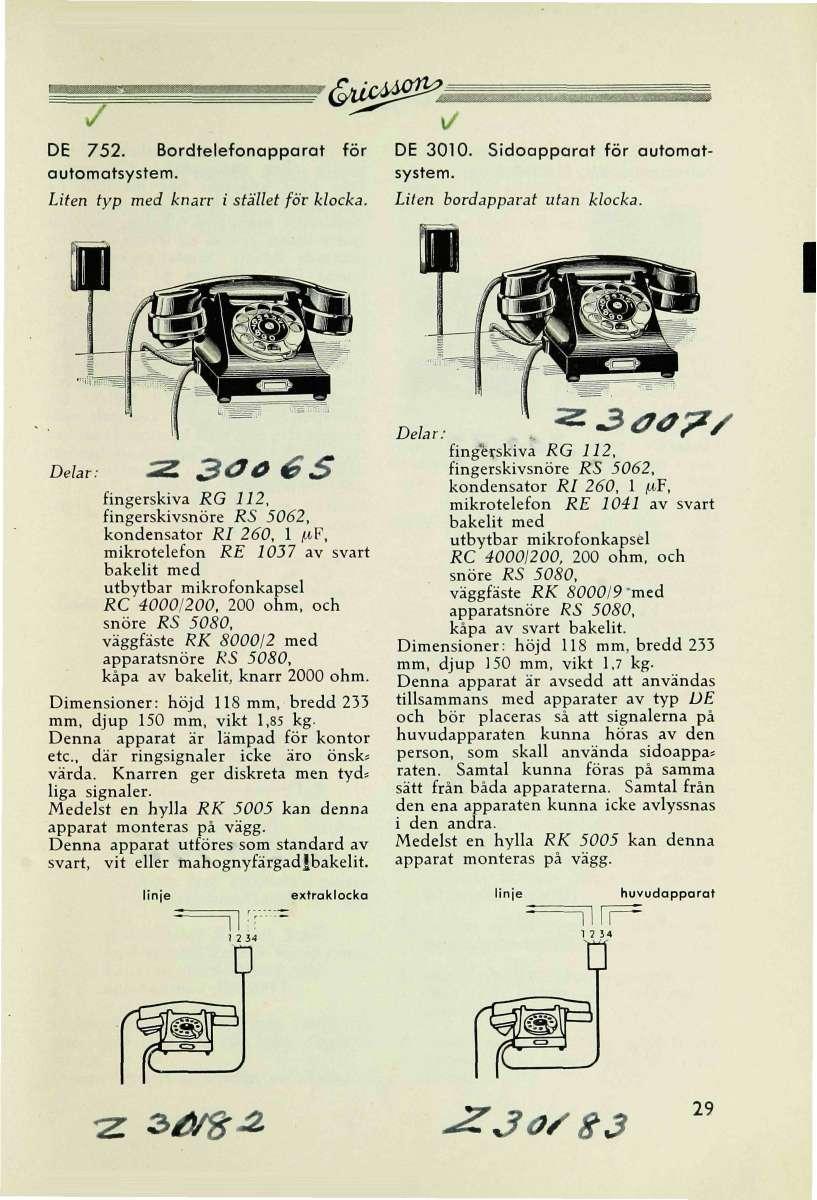 r &dfims&>m DE 752. Bordtelefonapparat för DE 3010. Sidoapparat för automatautomatsystem, system. Liten typ med knarr i stället för klocka. Liten bordapparat utan klocka.