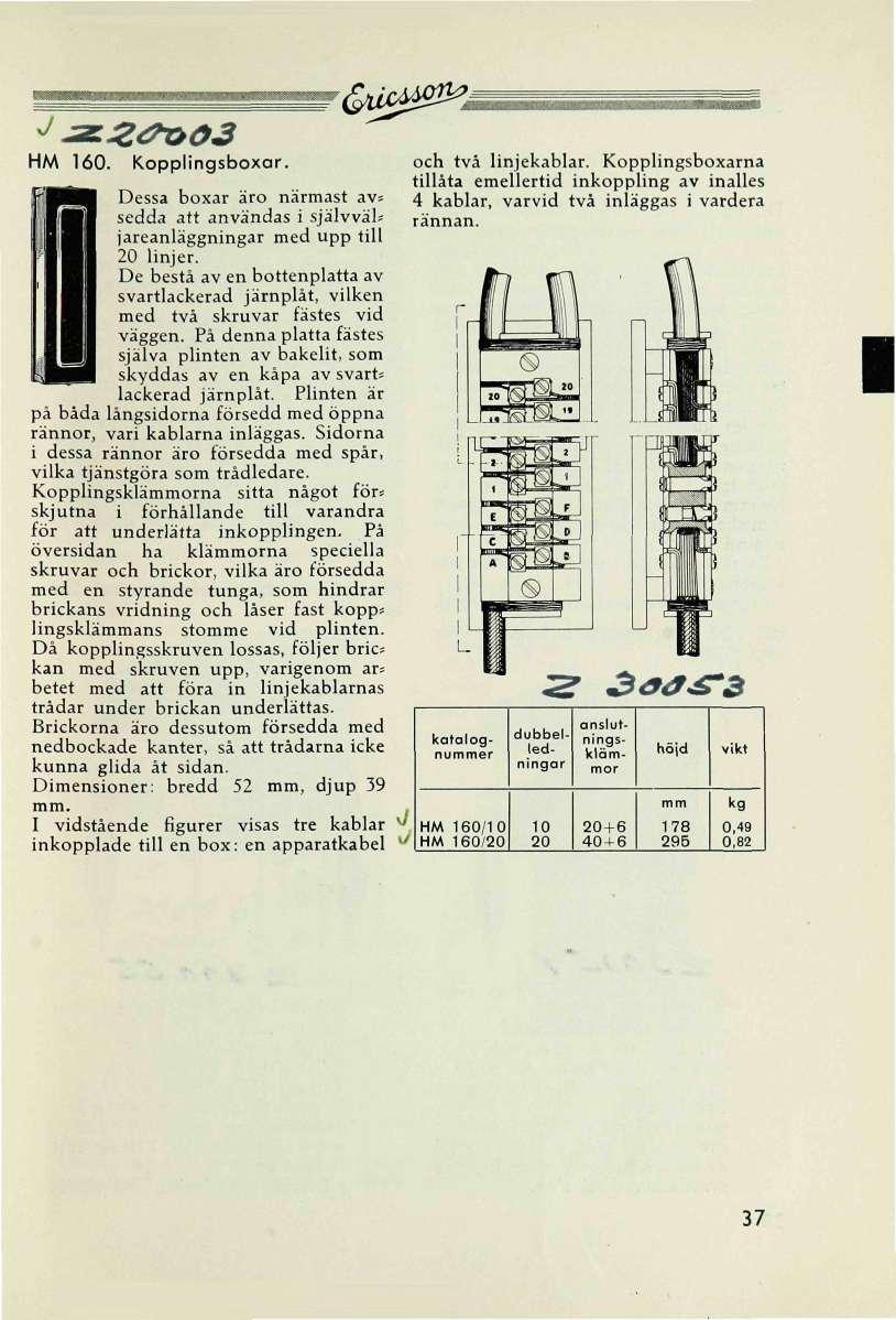 J HM 160. '2<?003 Kopplingsboxar. Dessa boxar äro närmast av* sedda att användas i självväls jareanläggningar med upp till 20 linjer.