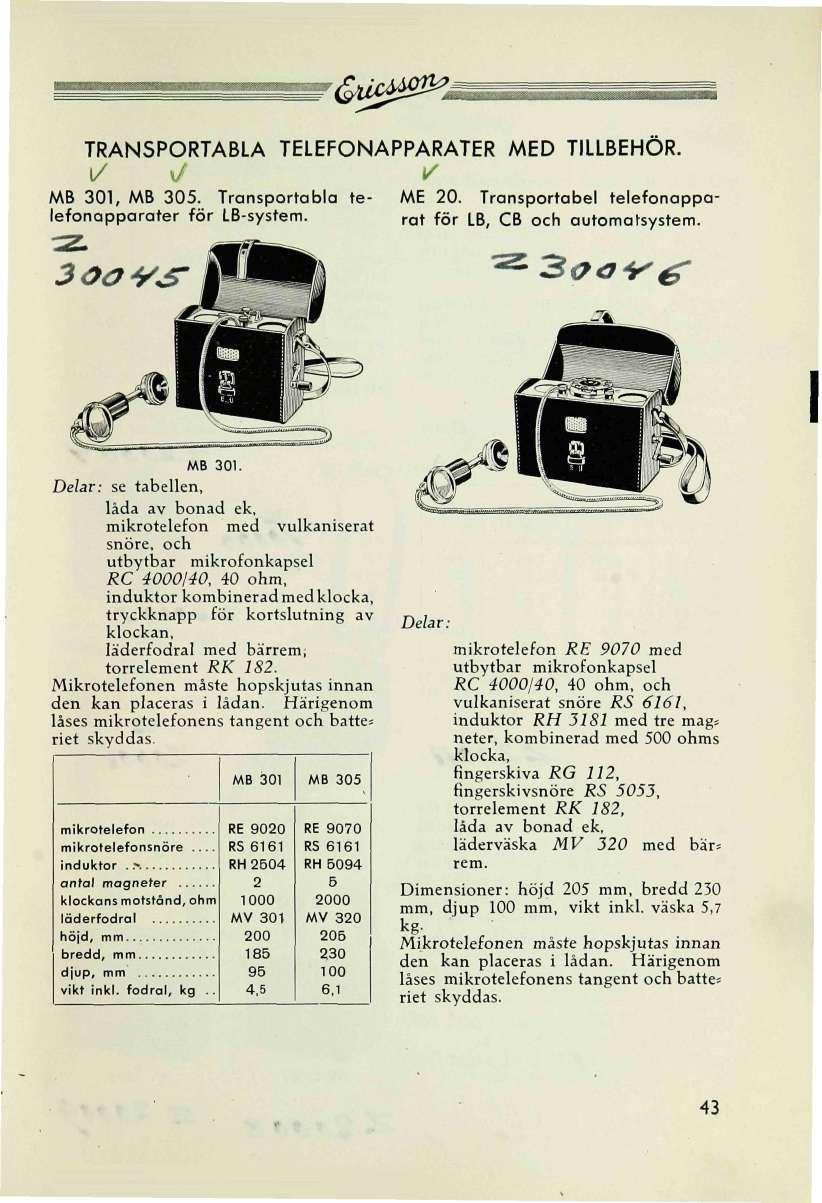 >&l^0*å TRANSPORTABLA TELEFONAPPARATER MED TILLBEHÖR. MB 301, MB 305. Transportabla te- ME 20. Transportabel telefonappalefonapparater för LB-system. rat fö r LB, CB och automatsystem. 3öO^/S" 3<?