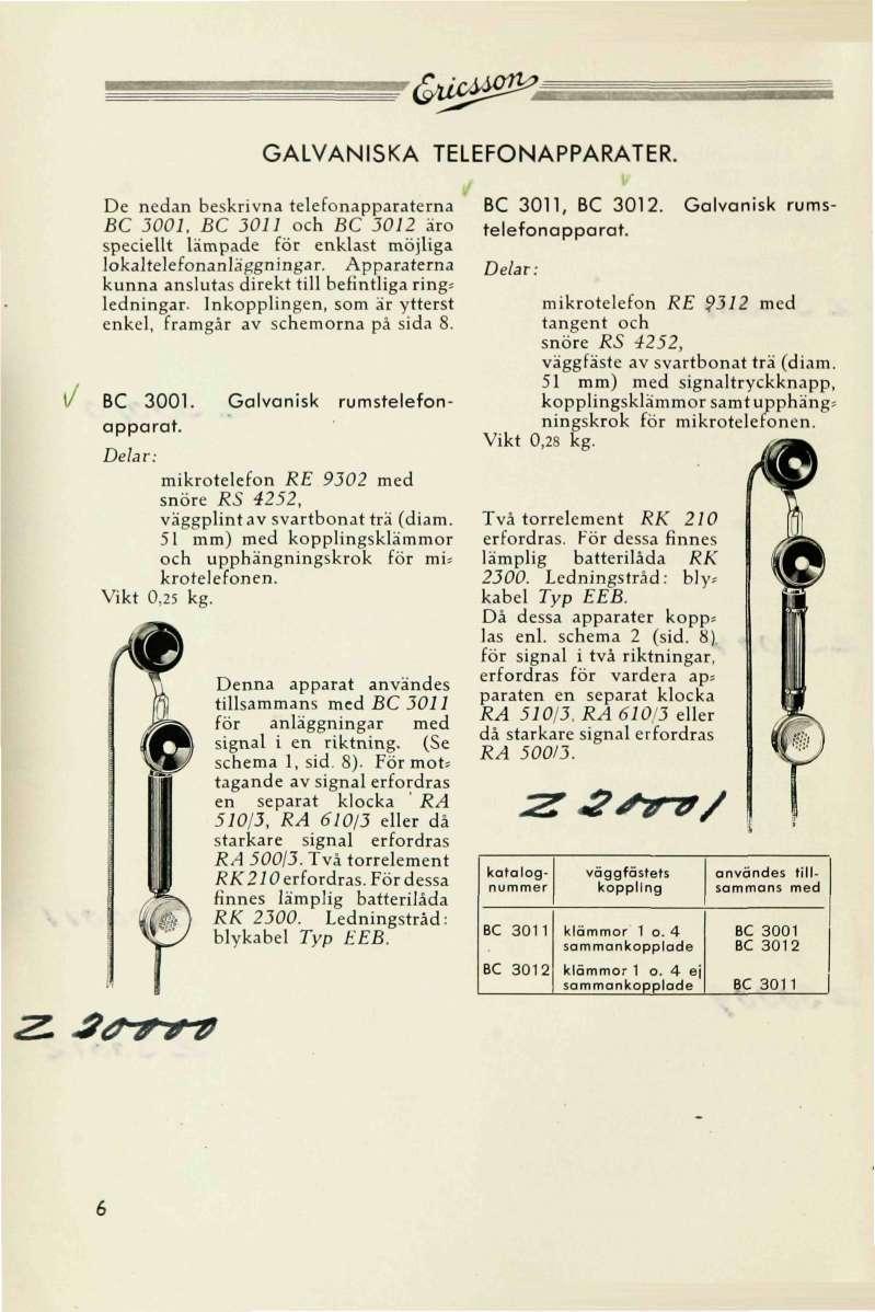 &d* 0*2 GALVANISKA TELEFONAPPARATER. De nedan beskrivna telefonapparaterna BC 3001. BC 3011 och BC 3012 äro speciellt lämpade för enklast möjliga lokaltelefonanläggningar.