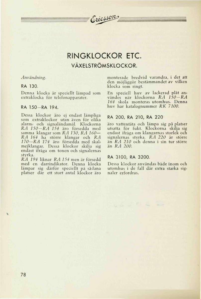 u^0- RINGKLOCKOR ETC. VÄXELSTRÖMSKLOCKOR. /Invändning'. RA 130. Denna klocka är speciellt lämpad som cxtraklocka för telefonapparater. RA 150-RA 194.