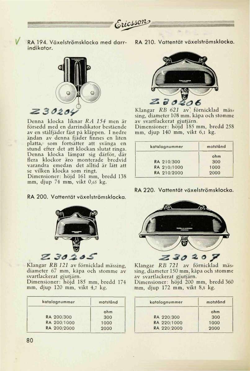 &u ^. RA 194. Växelströmsklocka med darrindikator. RA 210. Vattentät växelströmsklocka, 302.