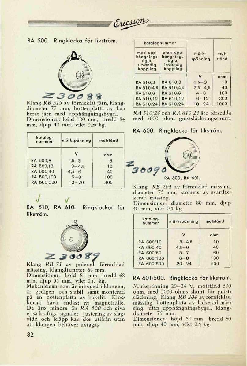 &u*p8p*i RA 500. Ringklocka för likström. katalognuer Klang RB 515 av förnicklat järn, klang* diameter 77, bottenplatta av lacs kerat järn med upphängningsbygel.