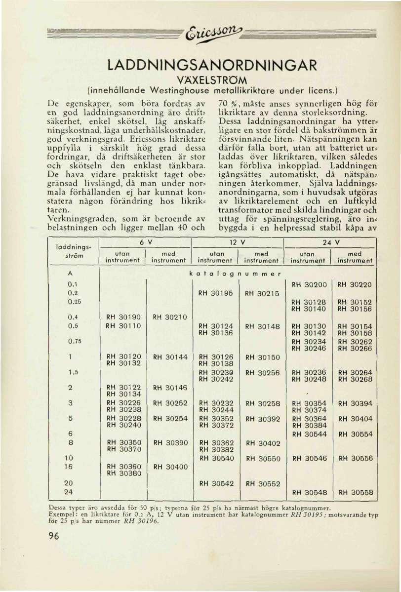 &u ^: LADDNINGSANORDNINGAR VÄXELSTRÖM (innehållande Westinghouse metallikriktare under licens.