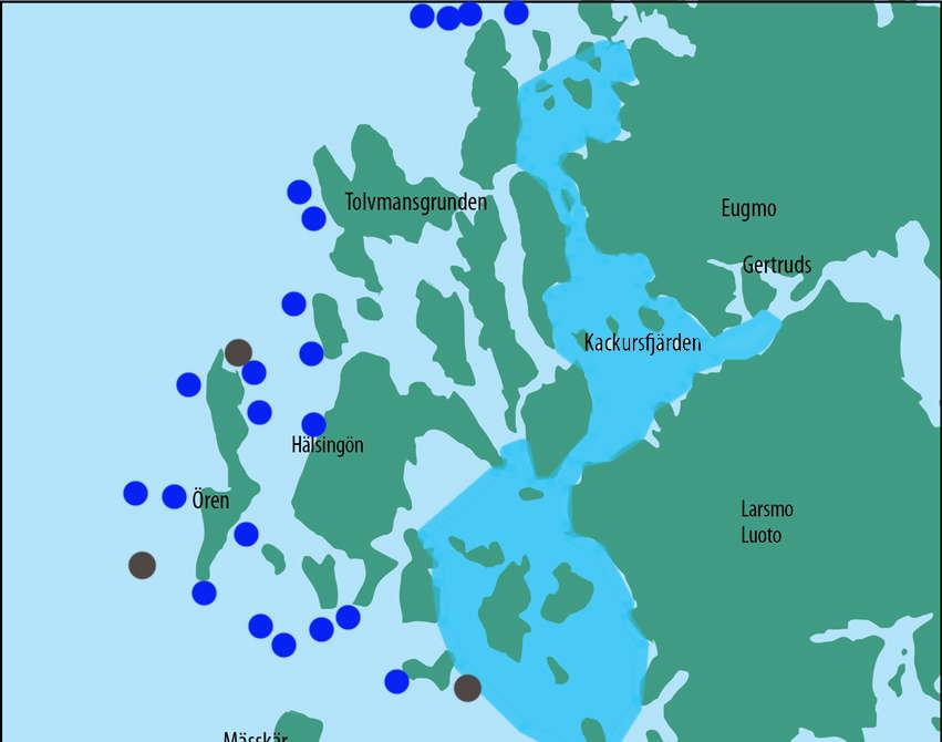 7 Figur 2. Ryssje- och sik/lax/strömmingsfälle platser för det kommersiella fisket utanför Jakobstad och Larsmo år 2015.