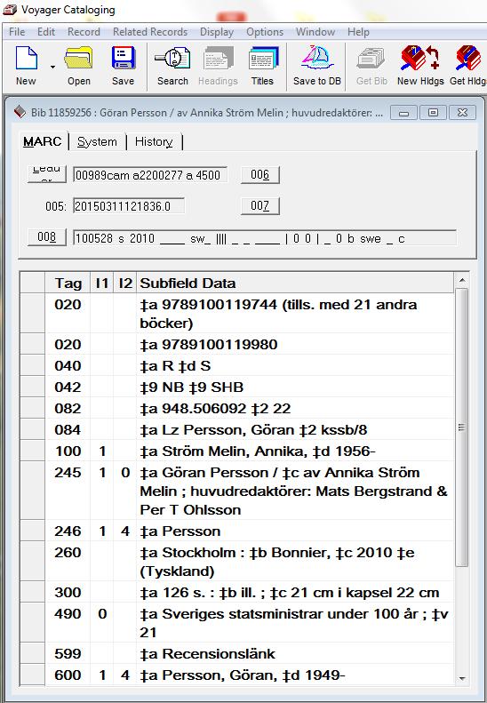 Hämtning av metadataposter till Libris-Voyager (tryckta avhandlingar/rapporter) Söktjänst: Voyager-klient (ej webbaserad) Metadataformat: MARC 21 enligt KB:s specifikationer: Formathandboken set: