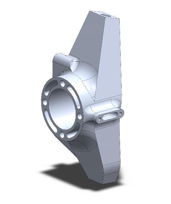 Figur 32 Hjulbärare. Komponenten väger 2014 gram och visas i Figur 32. Hjulbärarens hållfasthetsegenskaper undersöktes i Solidworks Simulation.