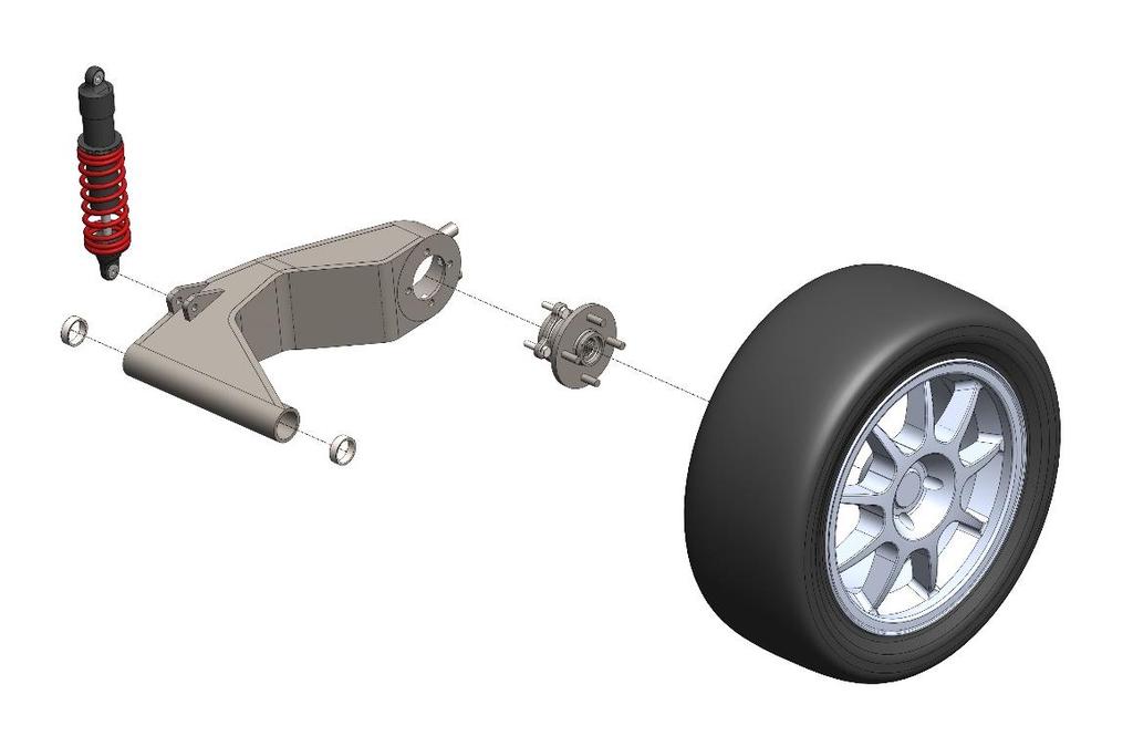stötdämparens monteringspunkt är en tredjedel av avståndet mellan hjulet och rotationsaxeln. Ekvation (10) används för att beräkna den effektiva fjäderstyvheten till 280 Newton per millimeter.