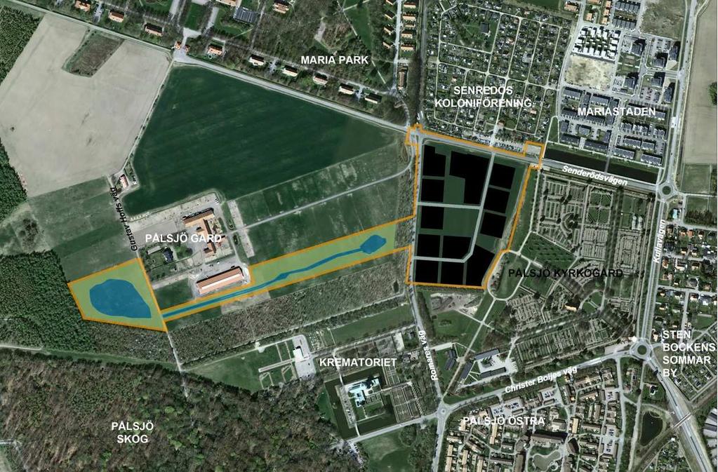 2 Planförslag Planförslaget innehåller en bostadsförtätning av området beläget norr och väster om Pålsjö kyrkogård samt en dagvattenanläggning väster om utbyggnadsområdet.