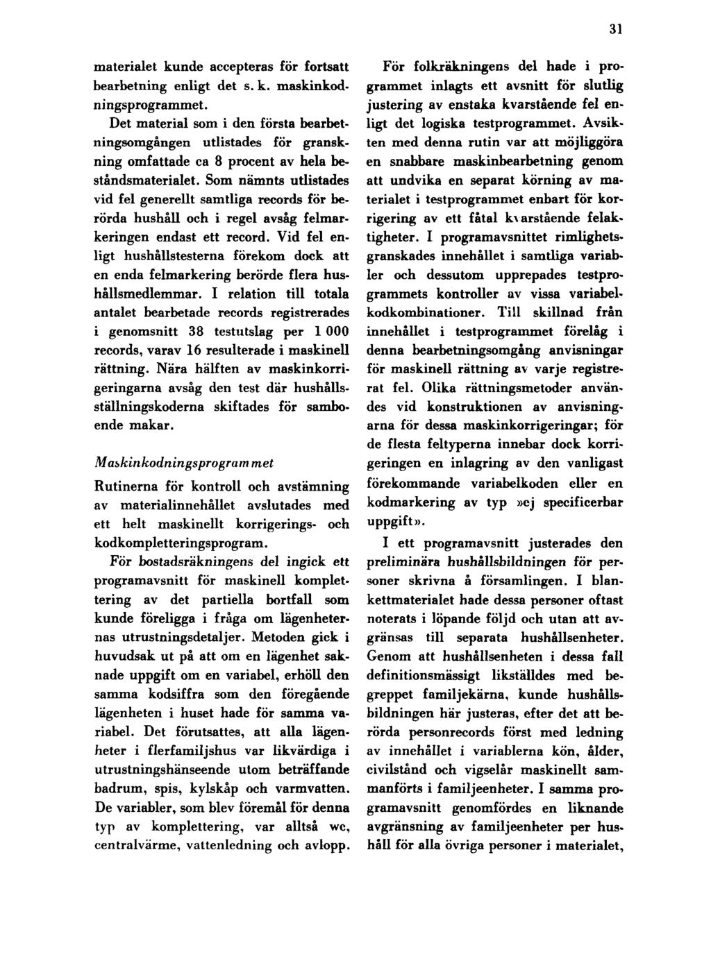 31 materialet kunde accepteras för fortsatt bearbetning enligt det s. k. maskinkodningsprogrammet.