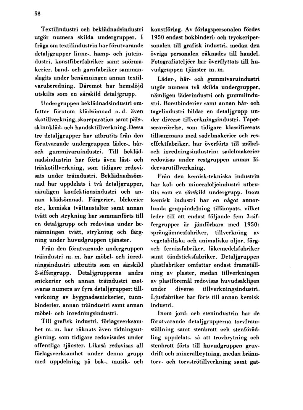 58 Textilindustri och beklädnadsindustri utgör numera skilda undergrupper.