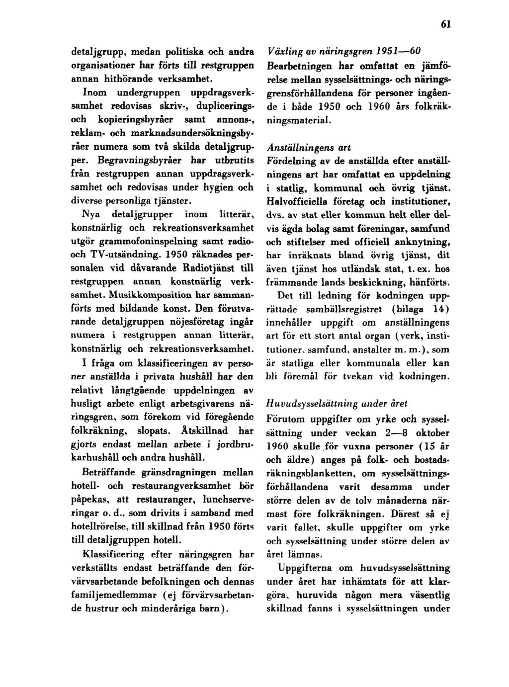 61 detaljgrupp, medan politiska och andra organisationer har förts till restgruppen annan hithörande verksamhet.
