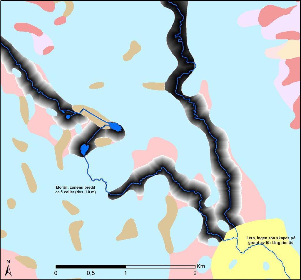 2012-05-16 Sida 33 (52) Figur 29. Inzoomat exempel. Jordartskarta i bakgrunden, med vattenytor/vattendrag. Modellerad zon för rinntid 100 dygn (zonens yttre avgränsning).