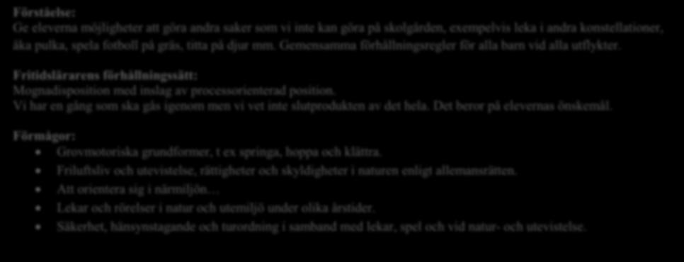 årstider och få förståelse för värdet av ett aktivt friluftsliv. Mål: Röra sig allsidigt i olika miljöer samt förstå vad som kan påverka hälsa och välbefinnande.