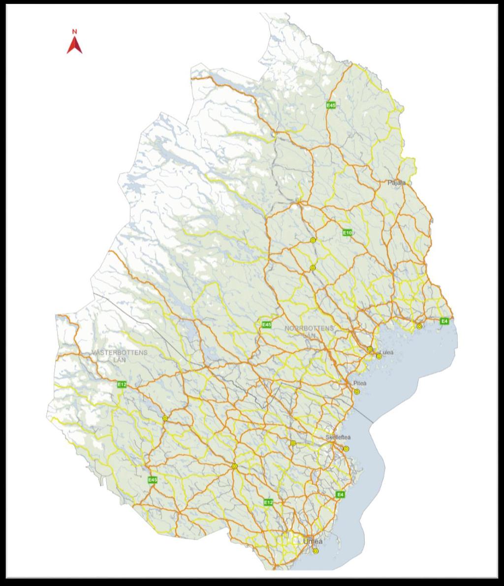 Figur 1. Utpekat strategiskt vägnät, gult och brandgult, i Region Nord uppdelat i två nivåer baserat på hur de framtida behoven av tyngre transporter.