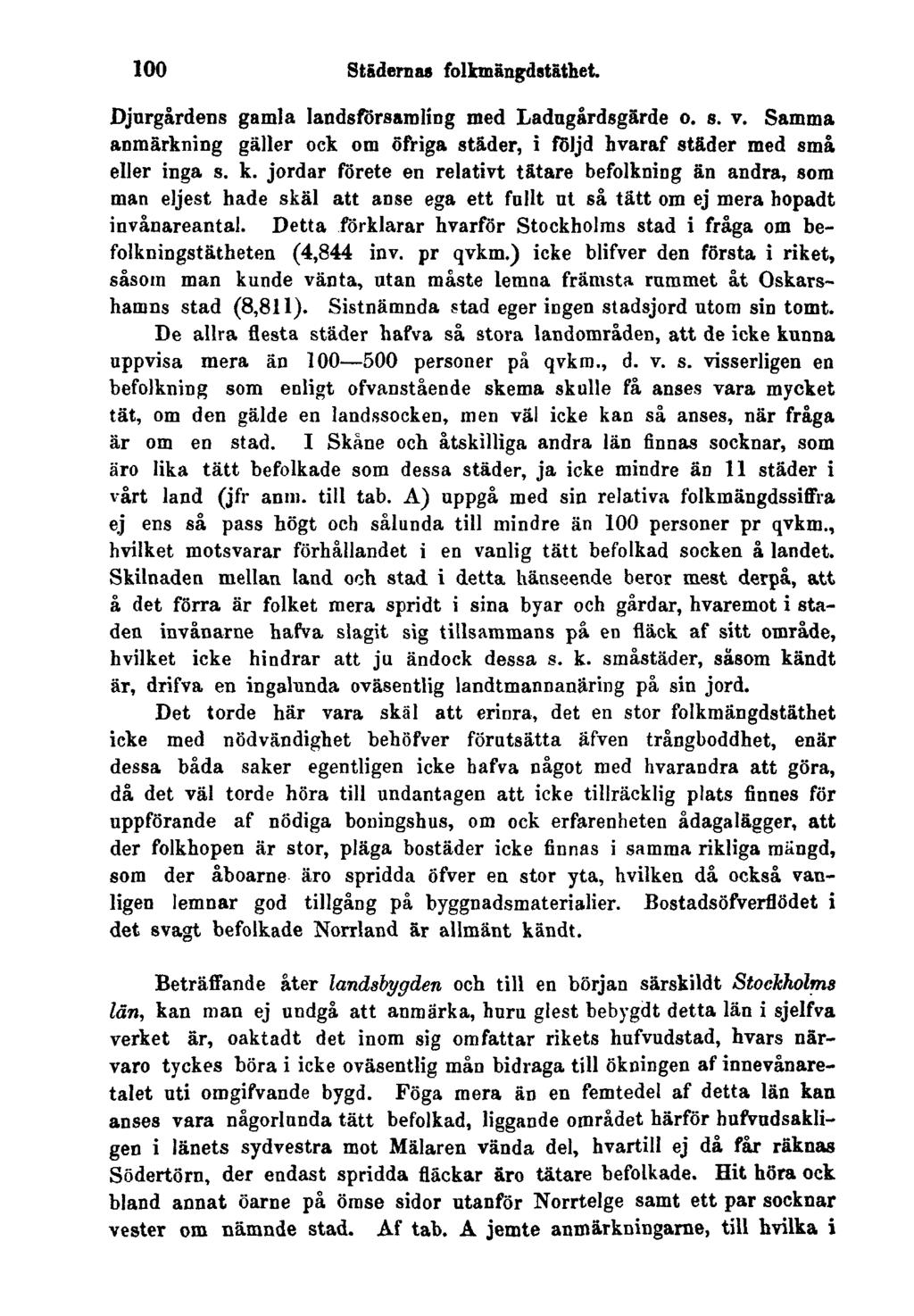 100 Städernas folkmängdstäthet. Djurgårdens gamla landsförsamling med Ladugårdsgärde o. s. T. Samma anmärkning gäller ock om öfriga städer, i följd hvaraf städer med små eller inga s. k.