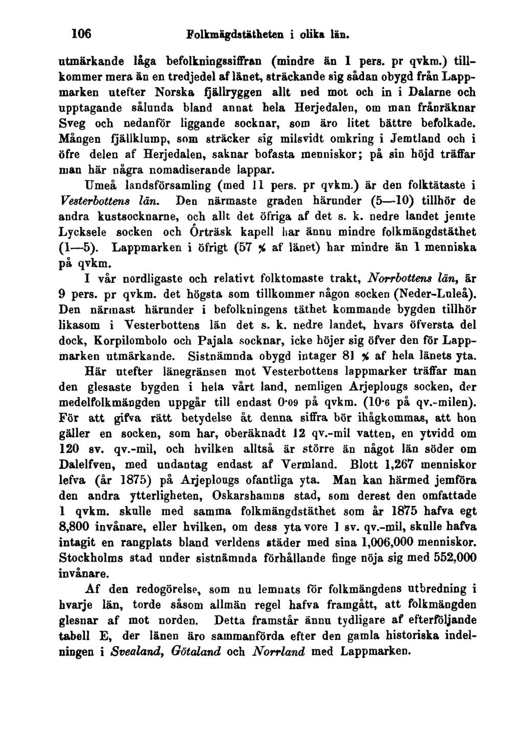 106 Folkmägdstätheten i olika län. utmärkande låga befolkningssiffran (mindre än 1 pers. pr qvkro.