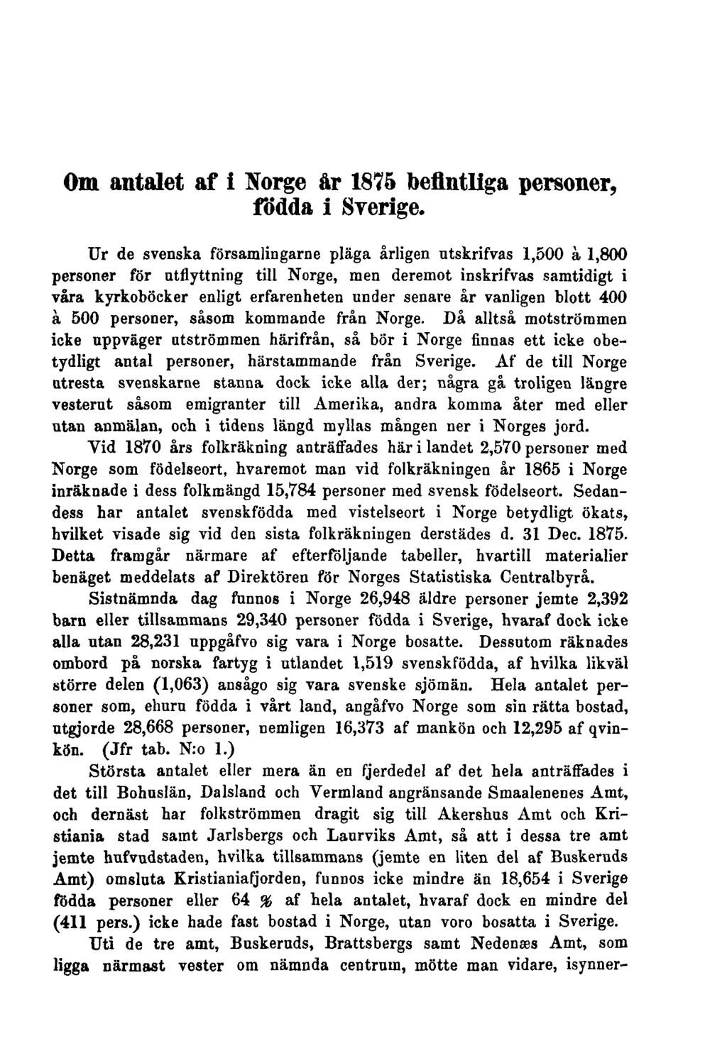 Om antalet af i Norge år 1875 befintliga personer, födda i Sverige.