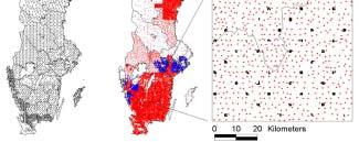 Riksskogstaxeringens punkter som användes som grund för beräkning av kritisk belastning (till vänster) och de markgeokemiska