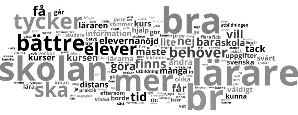 Finns det något annat som du tycker att din skola kan göra bättre? Totalt har 4 076 elever (0%) skrivit ett svar på frågan avseende om man tycker något i sin skola borde utvecklas/förbättras.