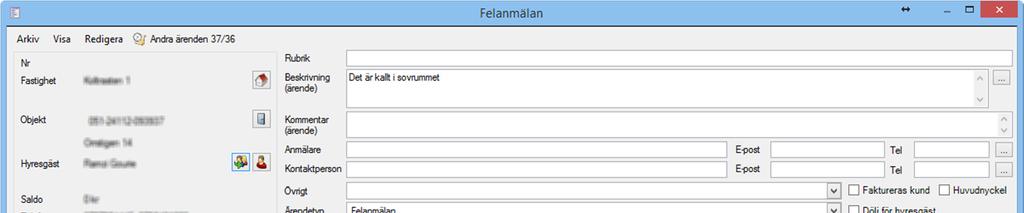 En felanmälan består av ärendeinformation uppe till höger med en beskrivning av