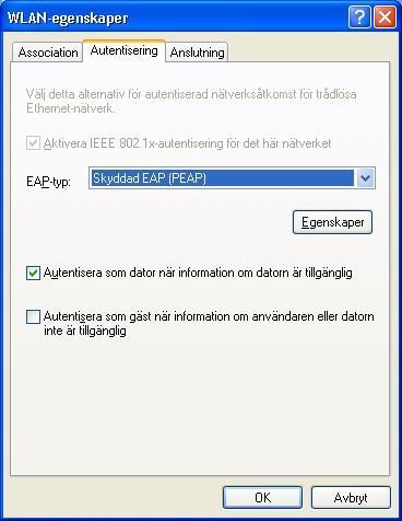 Instruktion: Trådlöst BYOD-nätverk Sida 10 av 24 Välj EAP-typ (PEAP) och klicka på knappen Egenskaper.