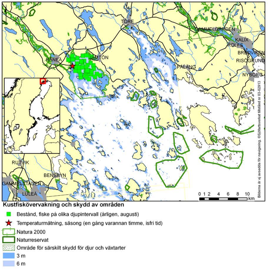 Karta över Rånefjärden med provfiskestationer Resultat kustfiskövervakningen Temperatur och siktdjup Både medeltemperaturen och siktdjupet vid provfisket har varierat mellan åren sedan provfiskets