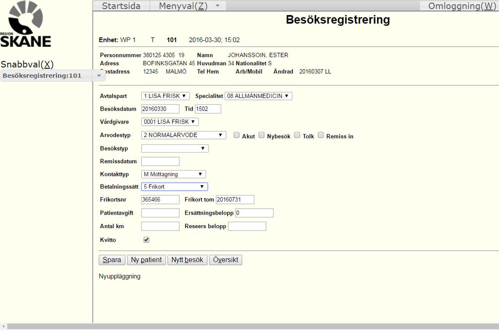 19 Efter att besöket sparats kan det inte ändas. Vid ändringar måste besöket makuleras och registreras om på nytt med de nya uppgifterna. Se avsnitt Besöksöversikt Obs!