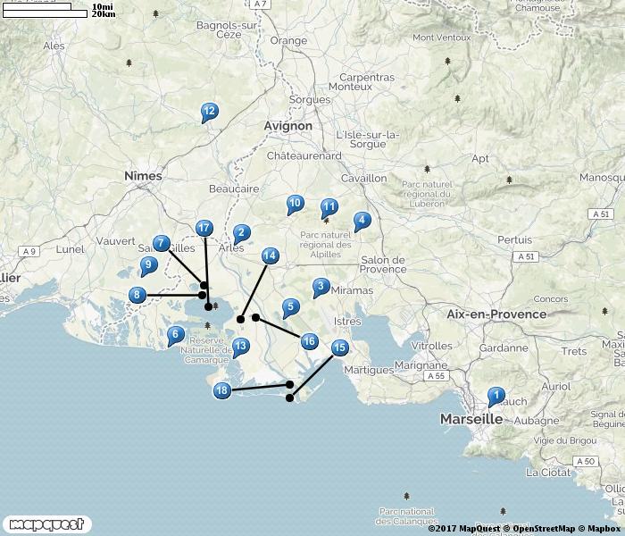 Camargue 1. Marseille 2. Arles 3. Coussouls de Crau 4. Les Alpilles-Vallon des Glauges 5. Marais du Vigueirat 6. Les Saintes-Maries-de-la-Mer 7. Marais du Mas d'agon 8. Observatoire du Mas Neuf 9.