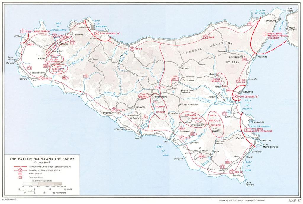 Bild 1: Utvisande Sicilien 10 juli 1943 och axelmakternas utgångsgruppering för försvar. 109 De rörliga förbanden utgångsgrupperade enligt följande.