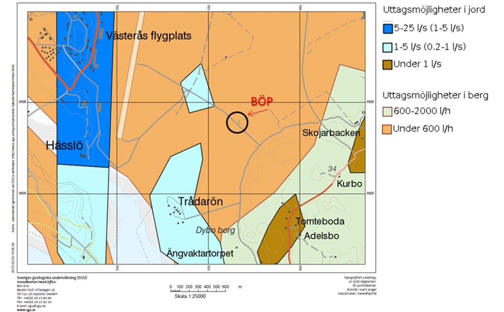 Sidan 14 av 58 Figur 10. Utdrag ur SGU:s hydrogeologiska karta (2015-03-). Brandövningsplatsen (BÖP) har markerats med en svart cirkel i figuren.