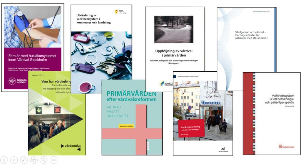 Genomförda utvärderingar Analyser av vårdval i primärvården I denna sammanställning har åtta rapporter identifierats som på olika vis studerat effekterna av införande av vårdval i primärvården (Figur