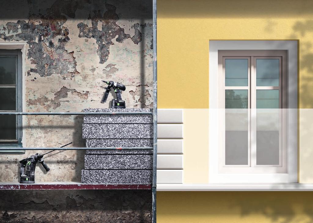 En ny fasadisolering sparar energi och pengar. Detsamma gäller verktyg från Festool. Bottenvåningen, 1:a våningen, 2:a våningen 18 V-systemet visar sin kapacitet överallt.