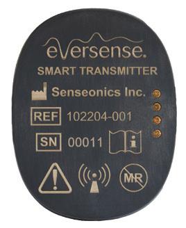 Eversense smartsändare LED-indikator (lyser grönt eller orange) Strömknapp Framsidan Baksidan Laddningskontaktstift Den laddningsbara smartsändaren driver sensorn, beräknar glukosvärden och lagrar