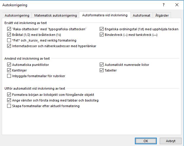 Automatiskt numrerade listor (inställning) Bocka av checkboxen om du inte vill ha detta. 11.