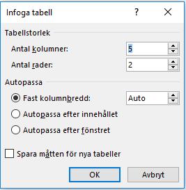 16.1 Infoga tabeller med anpassad bredd Klicka på Infoga > Tabell > Infoga tabell.