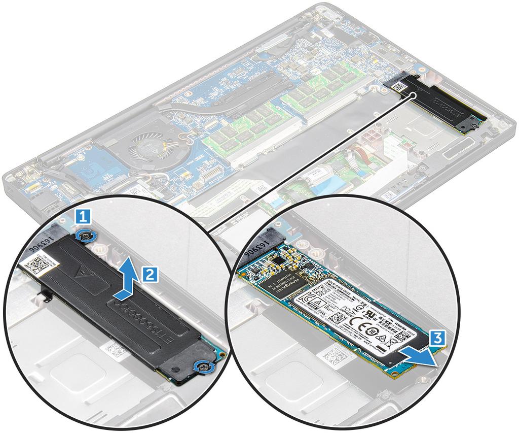 Installera PCIe SSD 1 Sätt i PCIe SSD-kortet i kontakten. 2 Installera SSD-fästet över PCIe SSD-kortet.