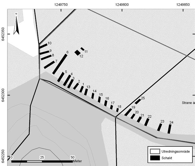 12 Bohusläns museum Rapport 2010:55 Figure 8. Investigation area with test trenches marked. Scale 1:10 000. Permission for distribution approved by the Security Officer. Lantmäteriet 2010-10-14.