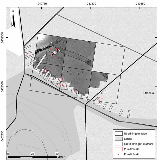 Jakten på det försvunna skeppet 13 Figure 9. Investigation area with test trenches and geophysical results marked. Scale 1:10 000. Permission for distribution approved by the Security Officer.