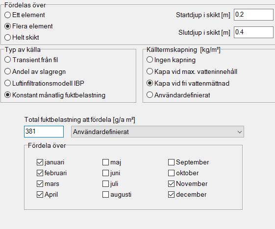Tabell 5 Medelfuktflöden för de aktuella orterna Fuktflöde, g, vid q 50 = 0,3 l/ (m 2 s) [kg/(m 2 s)] Fuktflöde, g, vid q 50 = 1,0 l/ (m 2 s) [kg/(m 2 s)] Lund 381 1269 Stockholm 403 1342 Borlänge