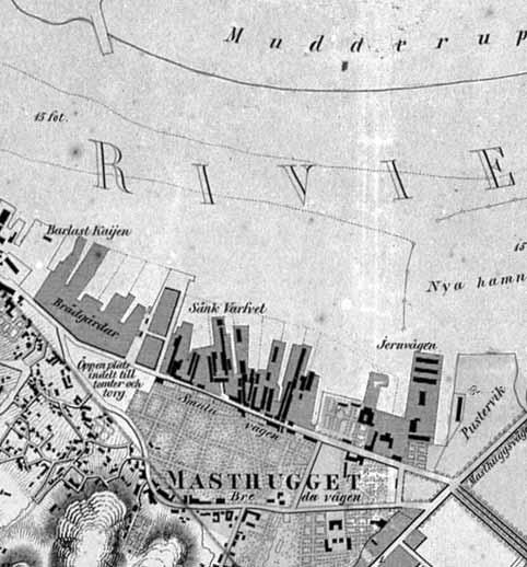 Fig. 14. Utdrag ur karta över Göteborg nedtecknad år 1854 som visar Masthuggets bebyggelse. Det förefaller fortfarande vara samma bebyggelse kvar som på kartan från år 1799 i det undersökta området.