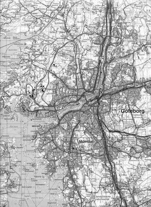 Fig. 2. Utsnitt ur Blå kartan, blad 61 Göteborg, med platsen för undersökningen markerad. Skala 1:100 000.